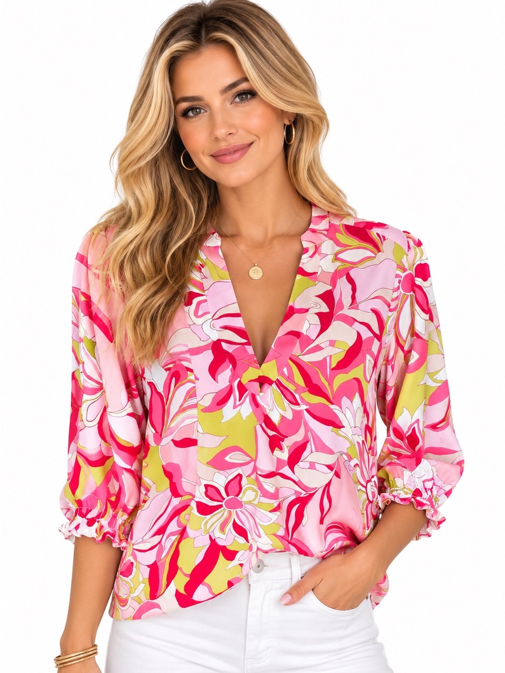 Ivy Jane Vibrant Pink and Green Floral Blouse size XS
